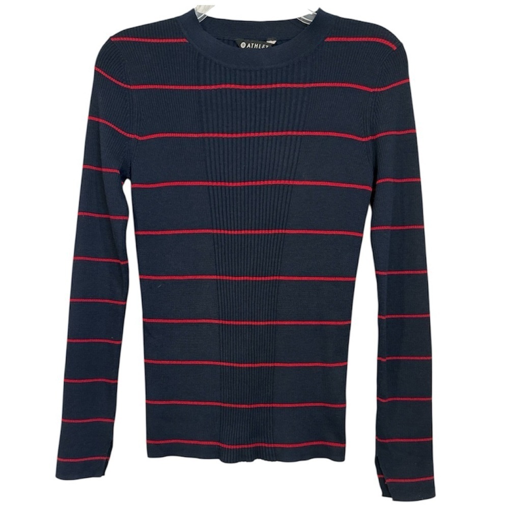 Athleta Merino Wool Blend Sweater Women XS Navy Red Stripe Ribbed Knit Crew Neck
